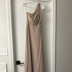 Taupe one shoulder bridesmaids dress